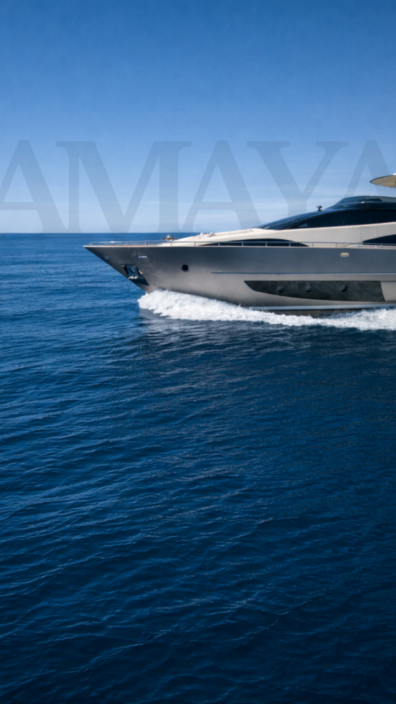 Yacht cruisen with Amaya Charters logo in the Background