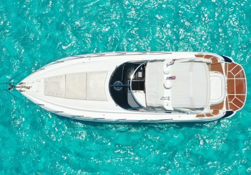 Aerial drone view of the Agavero private yacht in the Caribbean Sea.