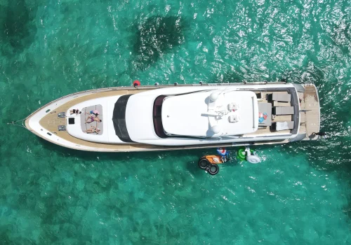 Aerial drone view of the Maiora 100ft luxury yacht in Cancun.